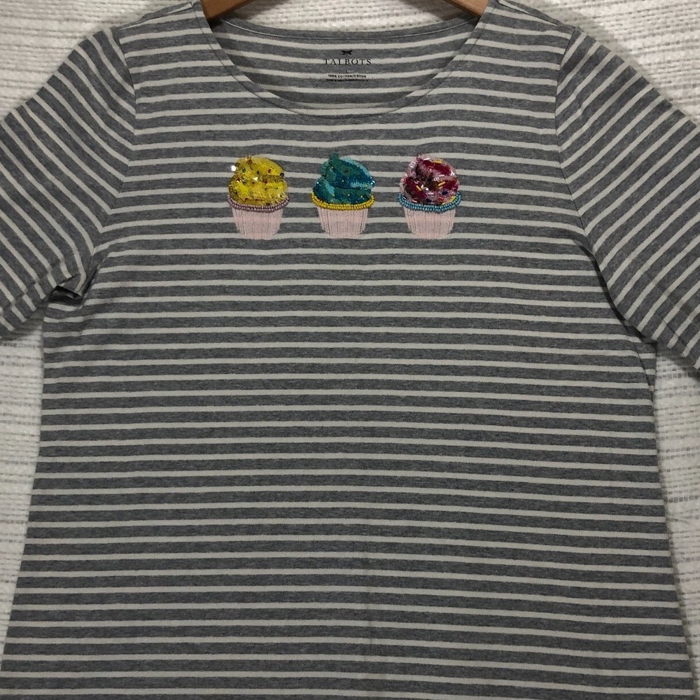Talbots Gray Striped T-Shirt 3/4 Sleeve Sequined Cupcakes‎ Women's Size Large